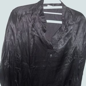 Shiny black satin pullover blouse long sleeves